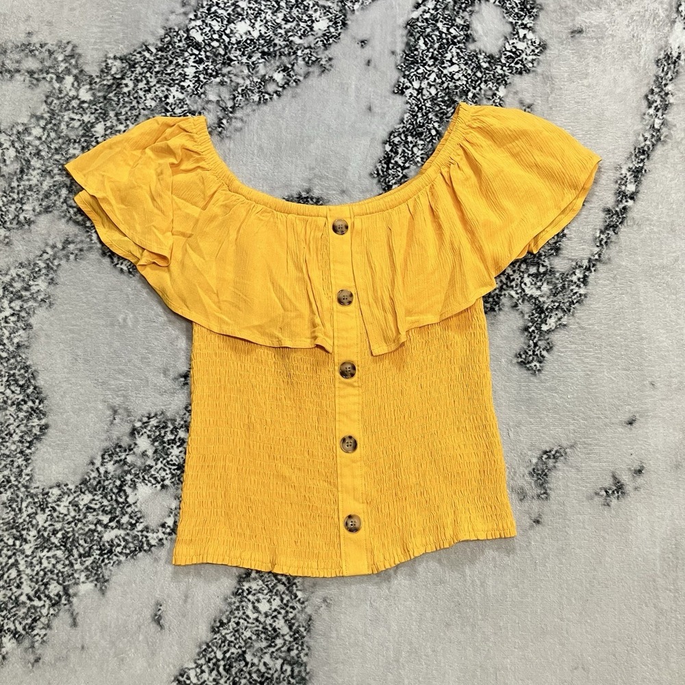 Express Yellow Smocked Off Shoulder Ruffle Top Button Front Blouse M NWT